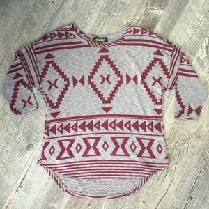 3/4 sleeve maroon and grey tribal print shirt
